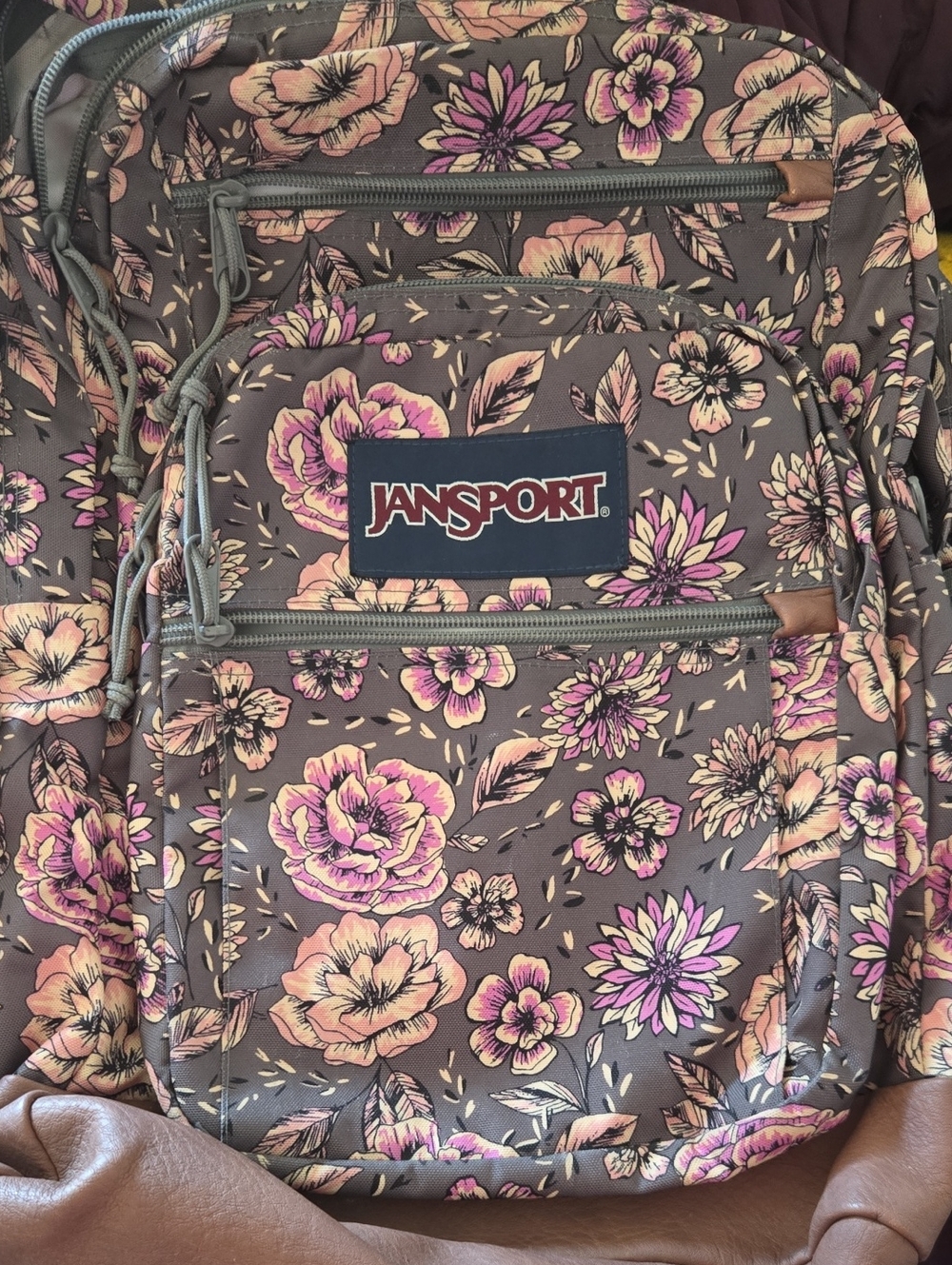JanSport Gray Backpack with Pink & Peach Floral Print